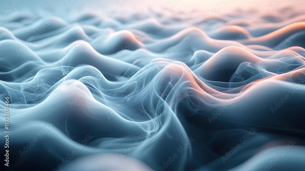 Poster Smoke abstract background idea. Abstract representation of waves and fluid movement in a serene blue gradient.