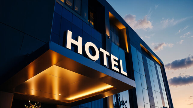 Modern hotel facade with stylish lighting, catering to business professionals and travelers booking accommodations