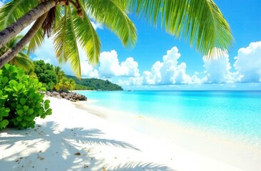 A tropical beach scene with palm trees and the ocean behind