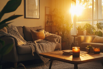 Cozy living room with sunlight, plants, and comfortable furniture