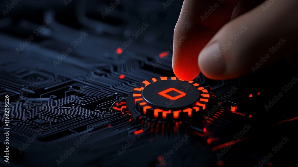Aufkleber activating the core: a fingertip delicately touches a glowing central processor, igniting a network 