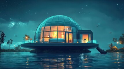 Obraz premium Futuristic Dome Home Floating Serenely On Water At Night