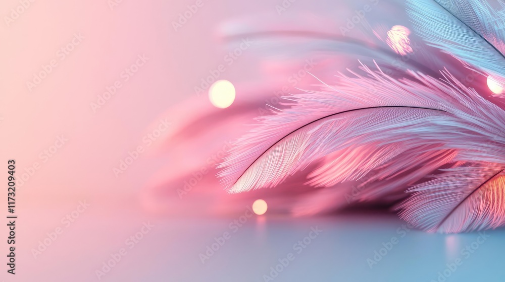 Poster soft abstract background concept. delicate pink and blue feathers with soft light highlights, creati