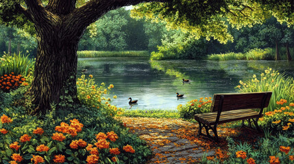 Serene Park Scene with Ducks and Colorful Flowers by a Tranquil Lake
