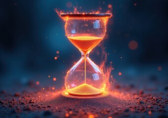 Creative hourglass filled with flowing lava against a dark smoky background