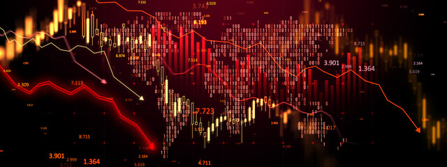 Financial chart depicting a sharp decline with red graphs and data points on a dark background. 3D Rendering