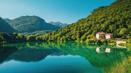 Fototapeta premium Scenic view of tranquil lake surrounded by lush mountains and a charming house near the water's edge in sunlit landscape