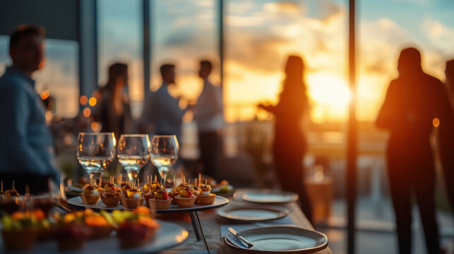 Elegant business event with appetizers and sunset view