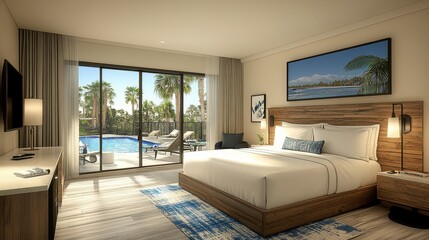 Fototapeta premium Luxurious hotel room with king-size bed, pool view, and modern decor.