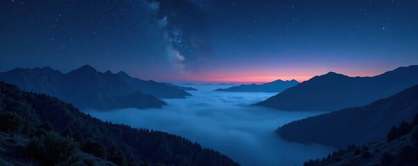Dark and moody starry night scene with fog rolling in over the mountains, atmosphere, , mountains