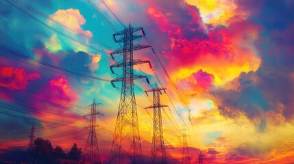 Naklejka premium Vibrant Sunset Over Power Lines with Electric Towers and Colorful Clouds