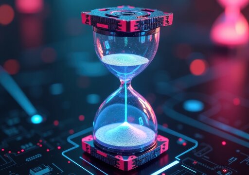 Futuristic hourglass with glowing sand in a digital landscape at twilight