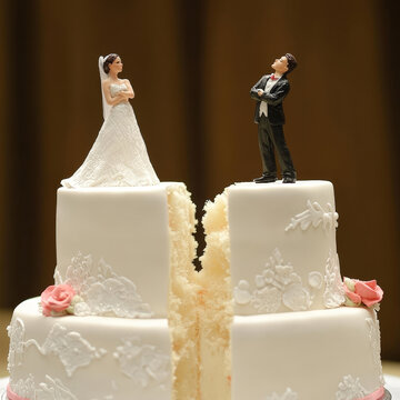 split wedding cake with figurines of a bride and groom standing on each half, symbolizing a broken marriage, divorce, or relationship troubles. The cake is elegantly decorated with floral details