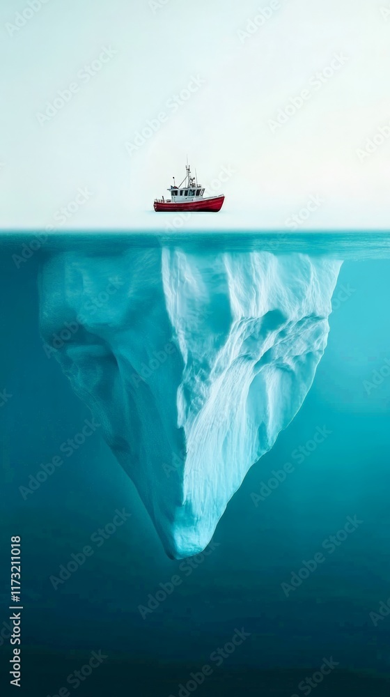 Poster red fishing boat sailing near a giant iceberg with its underwater part submerged in the deep blue oc