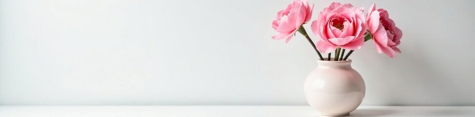 Obraz premium Delicate ceramic vase filled with soft pink flowers against a white background, flowers, pink