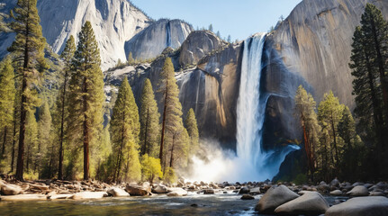 Majestic waterfall cascading over granite cliffs surrounded by vibrant pine forests in a serene national park