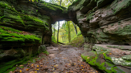 oss-covered rock formation in a serene forest with a path and autumn leaves, natural landscape