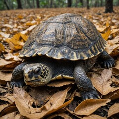 Obraz premium A mata mata turtle camouflaged among fallen leaves.