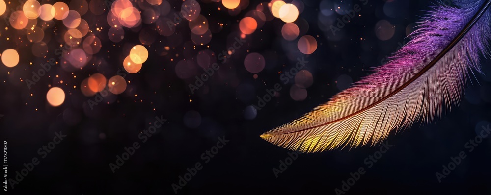 Poster feather abstract background concept. a vibrant feather with colorful bokeh lights in the background,