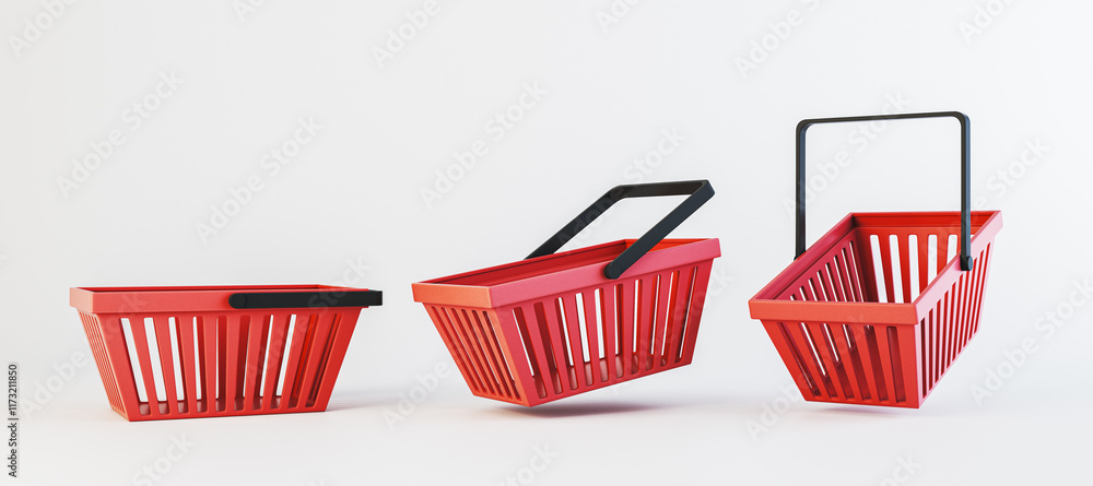 Poster three red shopping baskets with black handles, displayed against a white background. 3d rendering