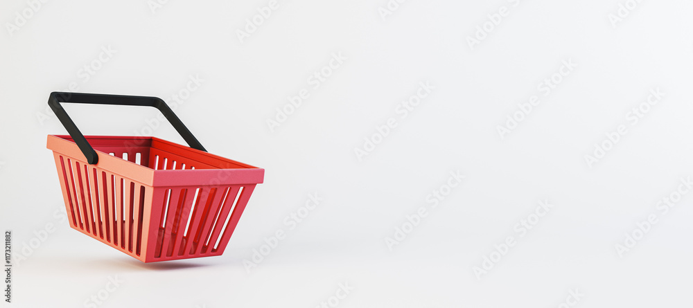 Poster Red shopping basket with black handles isolated on a clean white background. Minimalistic 3D rendering for branding and design concepts. 3D Rendering