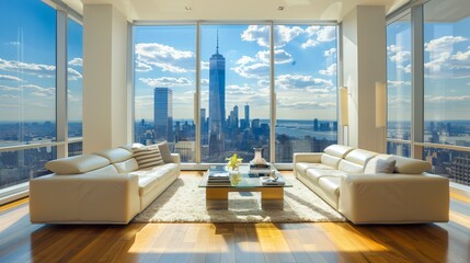 Luxury modern living room with panoramic city view and daylight 