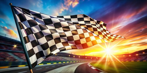 Dynamic Checkered Race Flag in Motion, Macro Photography of Racing Excitement
