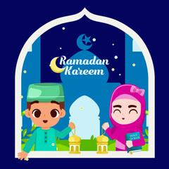 Muslim boys and girls bring lantern in front of the mosque welcoming the coming of the month of Ramadan