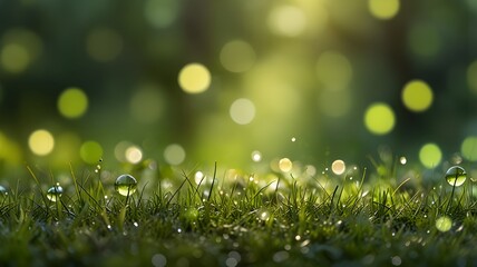 Obraz premium Dew-Kissed Green Grass with Water Droplets and Soft Bokeh Background