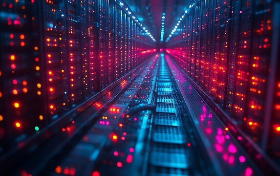 Illuminated server room interior.