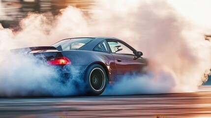 Car drifting, Blurred of image diffusion race drift car with lots of smoke from burning tires on speed track