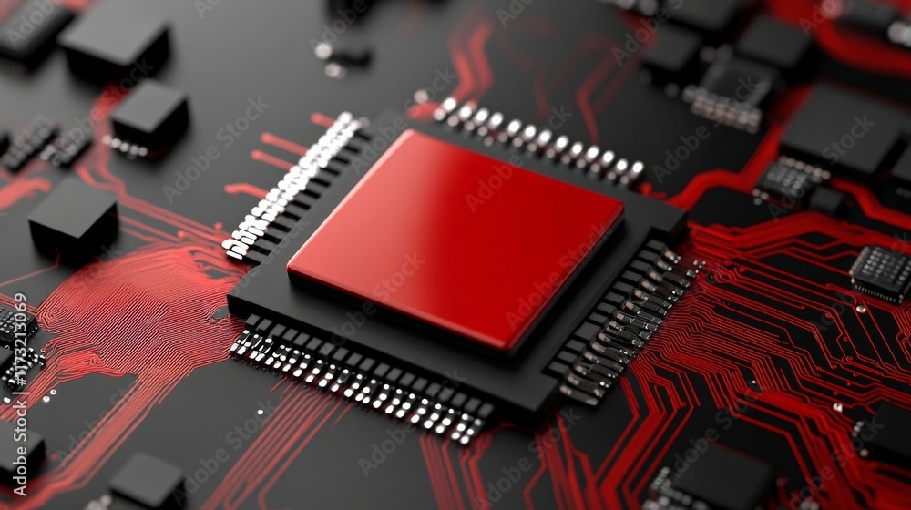Poster red hot processor: close-up of a powerful central processing unit (cpu) with a vibrant red core, nes