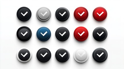 Set of check mark icon buttons. Checkbox vector icons featuring right, yes, and tick symbols on a white background.