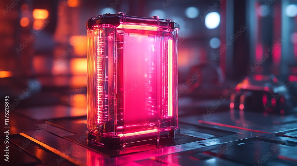 Poster glowing pink rectangular glass container on metallic surface in futuristic setting.