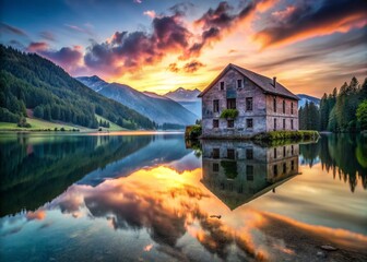 Fototapeta premium Eerie Reissersee Lake Reflection: Abandoned Building, Urban Exploration Photography