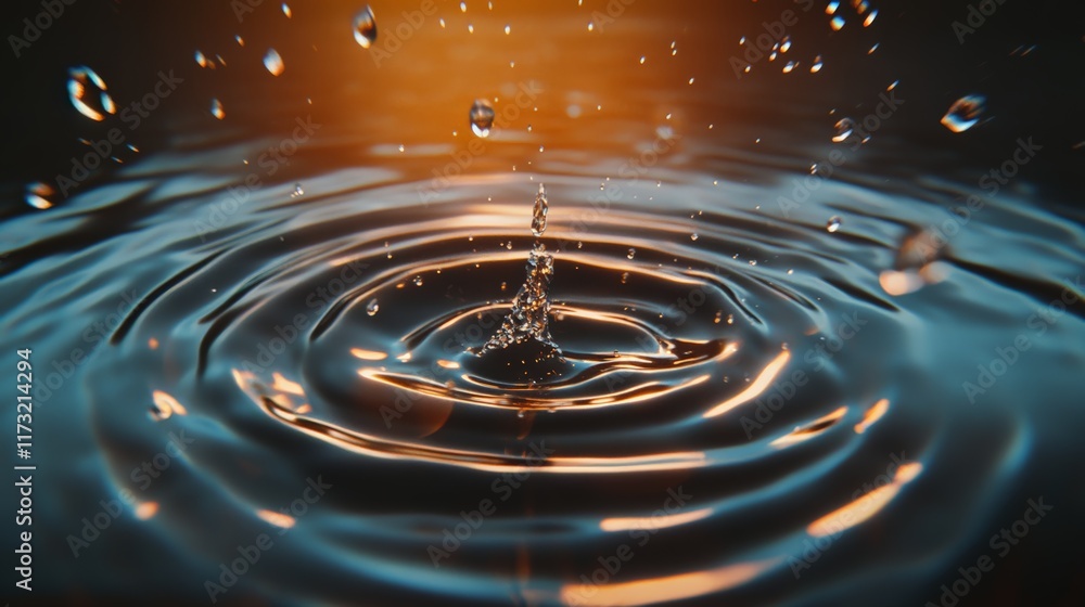 Aufkleber Multiple water droplets falling and creating ripples on a dark, reflective liquid surface, with a warm, orange light source illuminating the scene from above