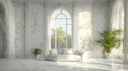 Fototapeta premium Serene White Marble Palace Interior with Sunlit Sofa