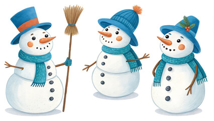 Festive trio of snowmen with blue hats and scarves for winter holiday designs.
