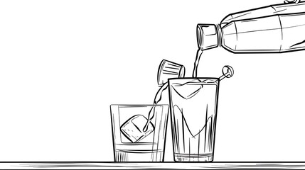 Obraz premium Outline of a cocktail shaker with a drink being poured on a white background