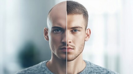 Before and after views of successful hair restoration treatment. Transformation showcasing renewed confidence and improved appearance through advanced medical solutions.