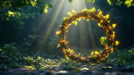 A glowing vine wreath surrounded by lush greenery, illuminated by soft rays of light, creating a serene and enchanting atmosphere.