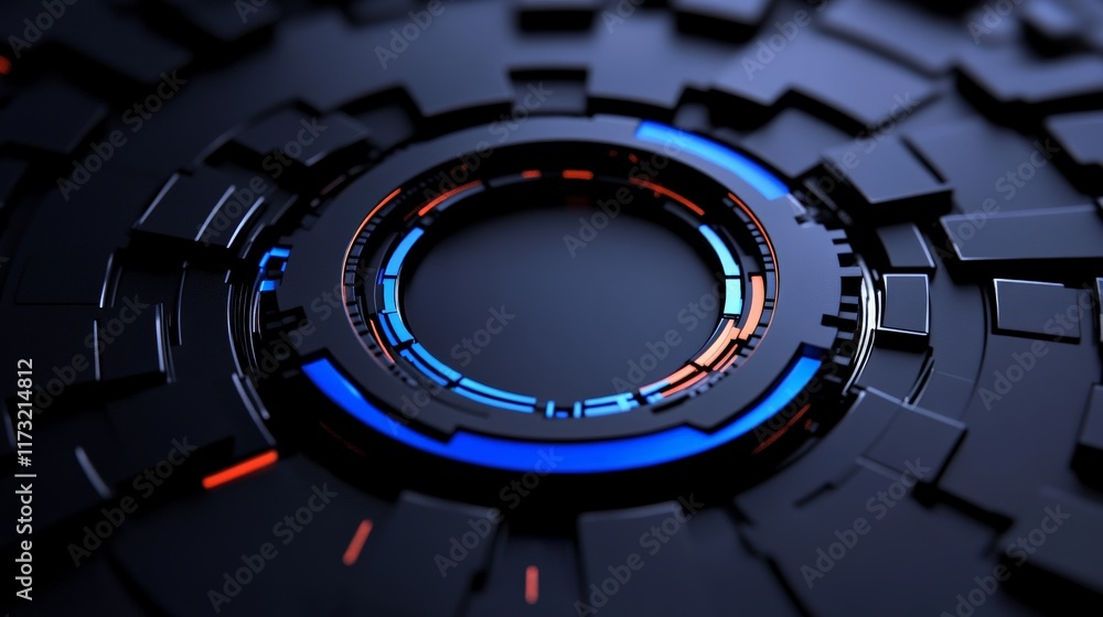 Poster abstract technology hub: close-up view of a futuristic, dark-toned technological interface with glow