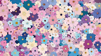 Floral Symphony: A vibrant and cheerful tapestry of pastel flowers in various shades of pink, purple, blue, and cream.