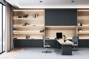 Modern executive office interior with wooden and black furniture, large shelves, minimalist design, and a city view. 3D Rendering