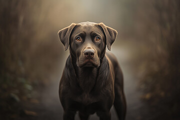 chocolate labrador retriever dog portrait on blurred background
