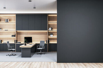 Modern executive office with sleek furniture and shelving, minimalistic design, and blank dark wall for branding or decor display. 3D Rendering