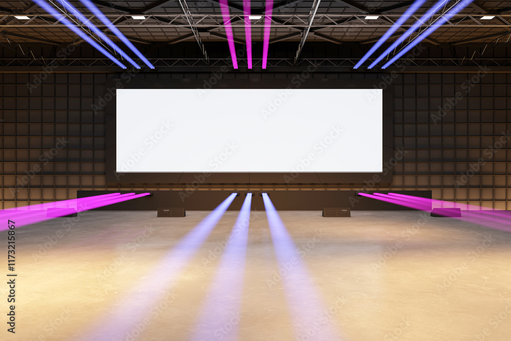 Aufkleber Large modern hall with blank white screen on the wall, purple and blue lights creating an abstract atmosphere, 3D rendering. 3D Rendering