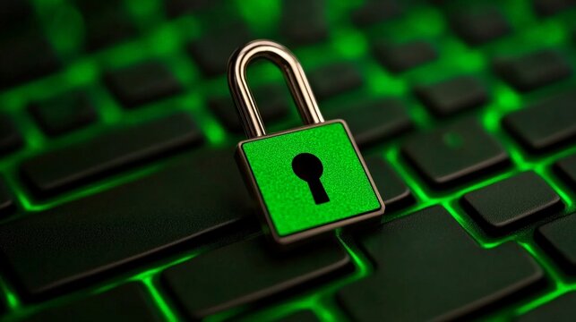 Cyber Security: A green padlock sits confidently on a black keyboard with glowing green keys, symbolizing the protection and security of digital data.  