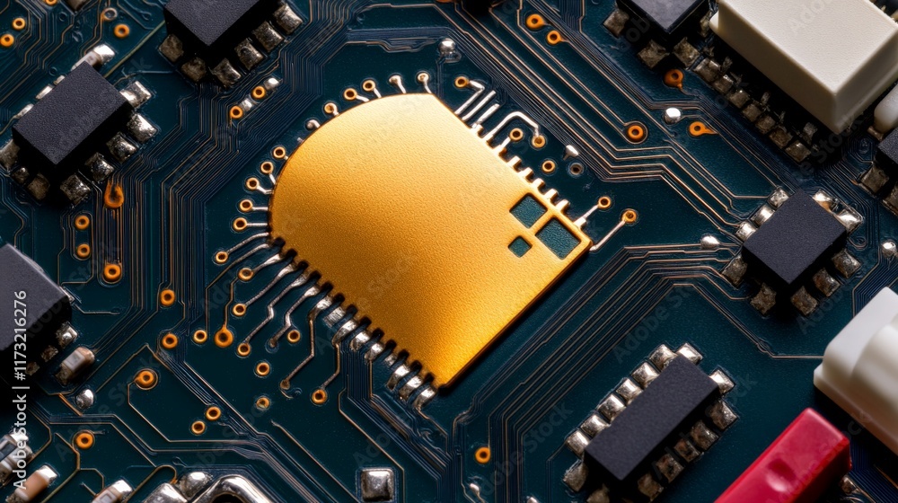 Poster microchip on circuit board: a close-up shot of a gold microchip, nestled amidst the intricate pathwa