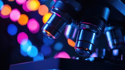 Close-Up of Laboratory Microscope with Colorful Bokeh Background